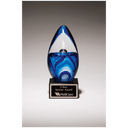 Blue Egg Shaped Art Glass on Black Glass Base with Black 6 1/2" Laserable Aluminum Plate