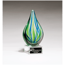 8" Blue and Green Teardrop Art Glass on Clear Glass Base with Black Laserable Aluminum Plate