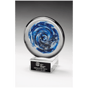 7" Blue and White Disc Art Glass on Clear Glass Base with Black Laserable Aluminum Plate