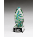 Blue and Green Helix Egg Shaped Art Glass on Clear Glass Base with Black 6 1/2" Laserable Aluminum Plate