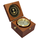 5 1/2" x 5 1/2" Mahogany Finish Captain's Clock, Brass Clock Housing, 4 1/4" Diameter Brass Disc/Plate