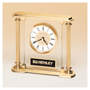 6 5/8" x 7 1/4" Glass Upright with Feet & Top, Metal Goldtone Columns, Diamond Spun Dial, 3 Hands with Black Plate