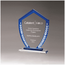 5 7/8" x 8 1/4" Shield Shaped Glass Award with Blue Border and White Laurel Leaves