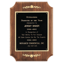 9" x 12" American Walnut Scalloped Corner Plaque with  Gold Scrolls and Go ld Border Black Laser Engravable Plate