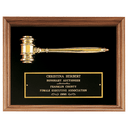 Gold Electrooplated Gavel in a Walnut Frame with Black Velour Background and Black Laserable Brass 10" x 13" plate
