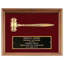 Gold Electroplated Gavel in a Walnut Frame with Maroon Velour Background and Black Laserable Brass 10" x 13" plate